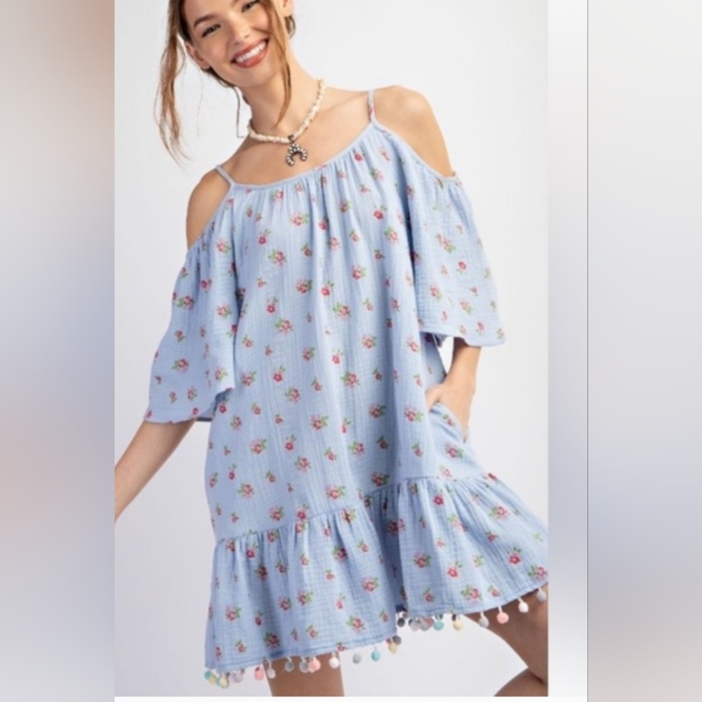 EASEL Floral Cold Shoulder Strap Sundress w/Pom Pom Trim 💙🌞